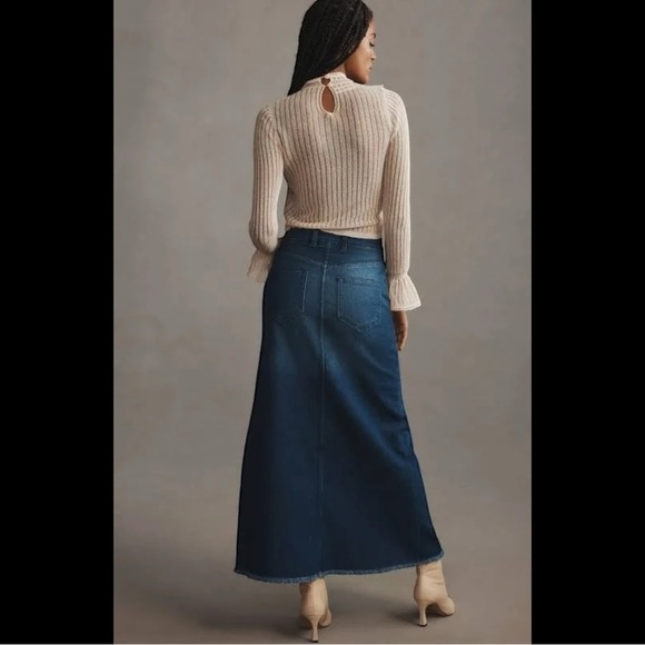 Anthropologie Pilcro The Madi Front Slit Dark Blue Denim Maxi Skirt Raw Hem - Picture 3 of 14